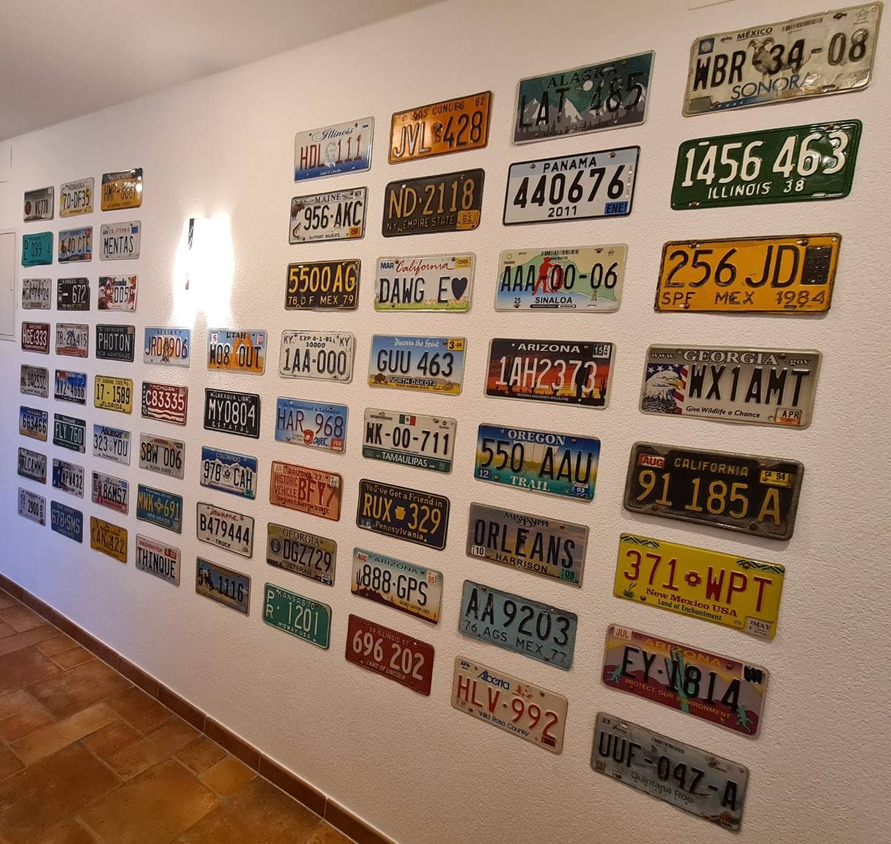 Nahansicht einer Sammlung farbiger Nummernschilder aus den USA, Mexiko und Panama.